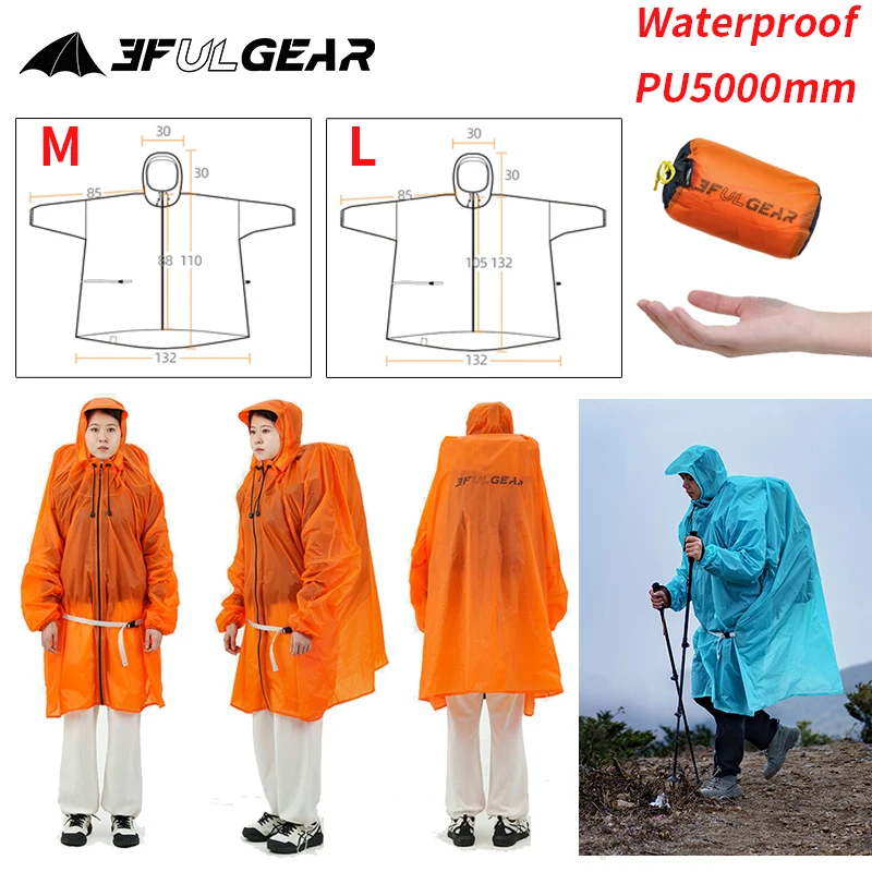Camping Rain Poncho - 3F UL GEAR Regenmantel mit Reißverschluss,